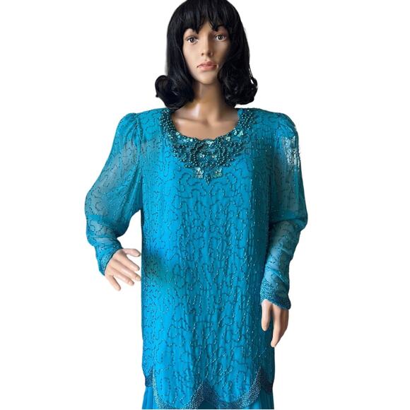 Y2K Mezza Luna by Modi Sequin & beaded Embellished blue Evening Dress size XL - Picture 2 of 14
